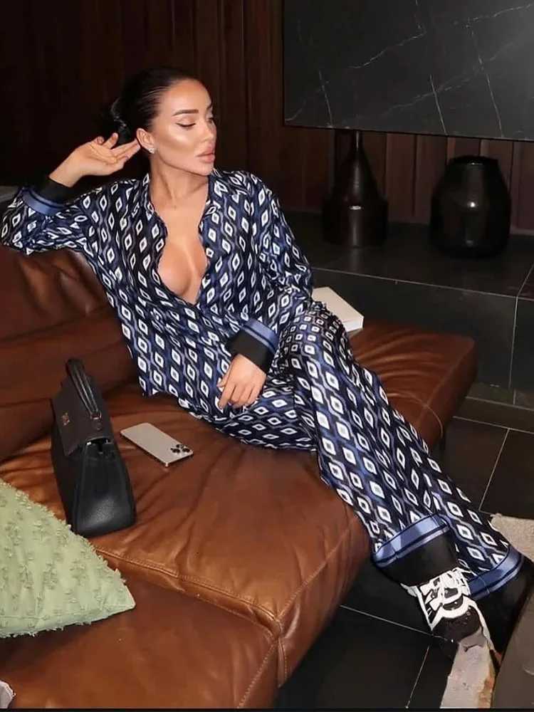 Designer KONDALA Vintage Blue Geometric Print Women Suits Long Sleeve Loose ShirtsHigh Waist Wide Leg Pants Fashion 2025 Holiday Suits Y251104