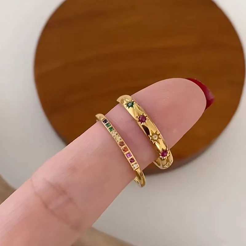 INS Stainless Steel Rainbow Color Cubic Zircon Stone Finger Rings for Women Gold Plated Waterproof Stacker Ring Jewelry GiftXJ251104