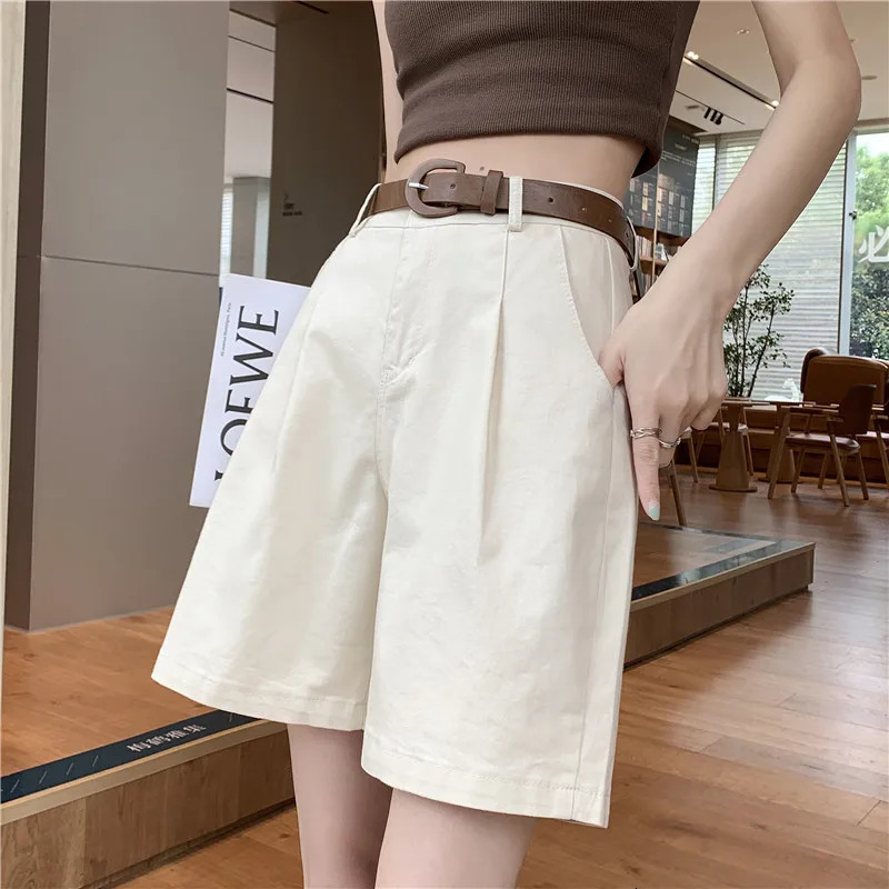Summer womens wide leg shorts high waisted loose straight pants with waistband Korean casual buttons Bermuda 250401
