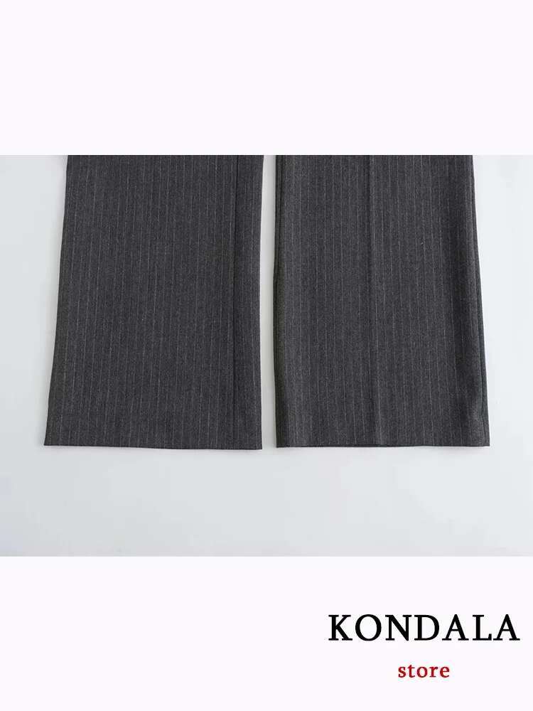 KONDALA Casual Black Striped Women Suit V Neck Single Button Blazer Straight Loose Pants Fashion 2023 Autumn Office Lady Set