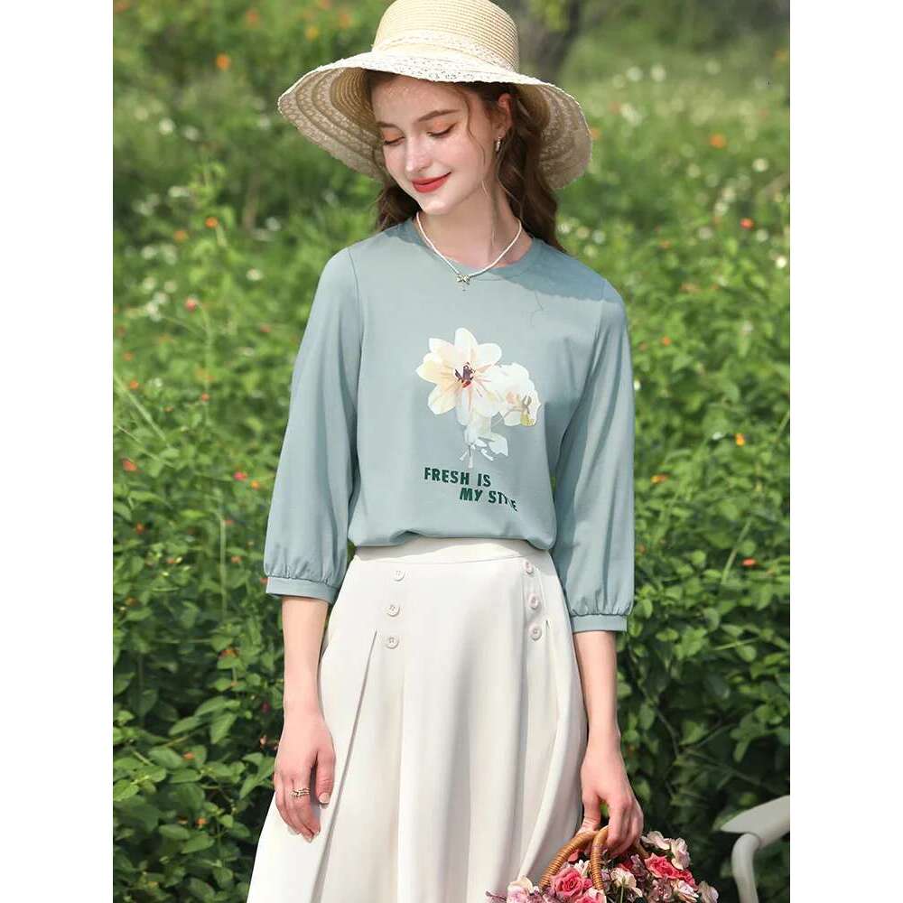 Puff Sleeve Printed Women T-Shirts Spring New Slim O-Neck Office Lady Basics Female Trendy Tops