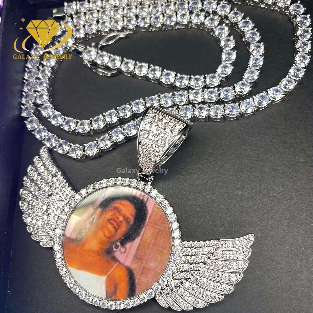 Hip Hop Anniversary Gifts Picture Pendant Tennis Chain Ice Moissanite 925 Silver Heart Shape Memorial Photo Pendant Necklace