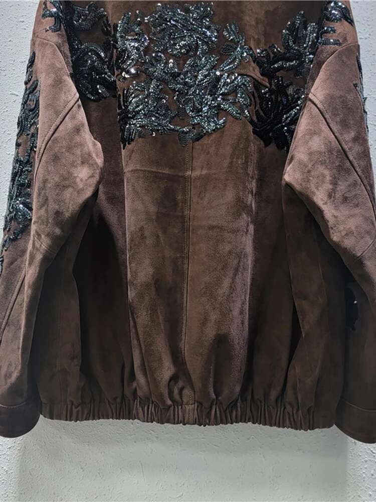 Women's Blazer Notched Collar Embroidery Sequins Brown Faux Suede Vintage Suit Jackets 2025 New Fashion Spring