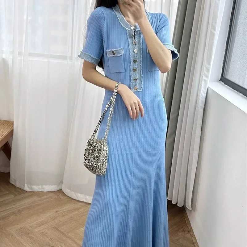 Talenza Elegant V Neck Denim Patchwork Knit Maxi Dress Womens Fashion Short Slve Button Slim Dress Office Ladies Pocket Robe X250403