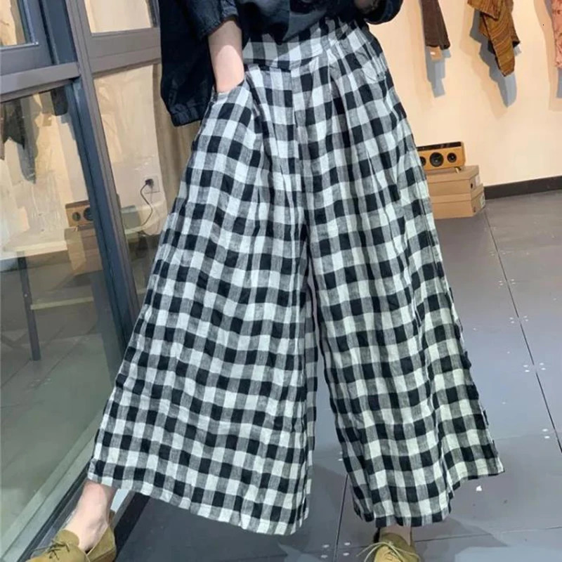 Plus Size 2025 Casual Women High Waist Baggy Jogger Pants Woman Plaid Pants Thin Cotton Linen Wide Leg Trousers Sweatpants Dress 250403