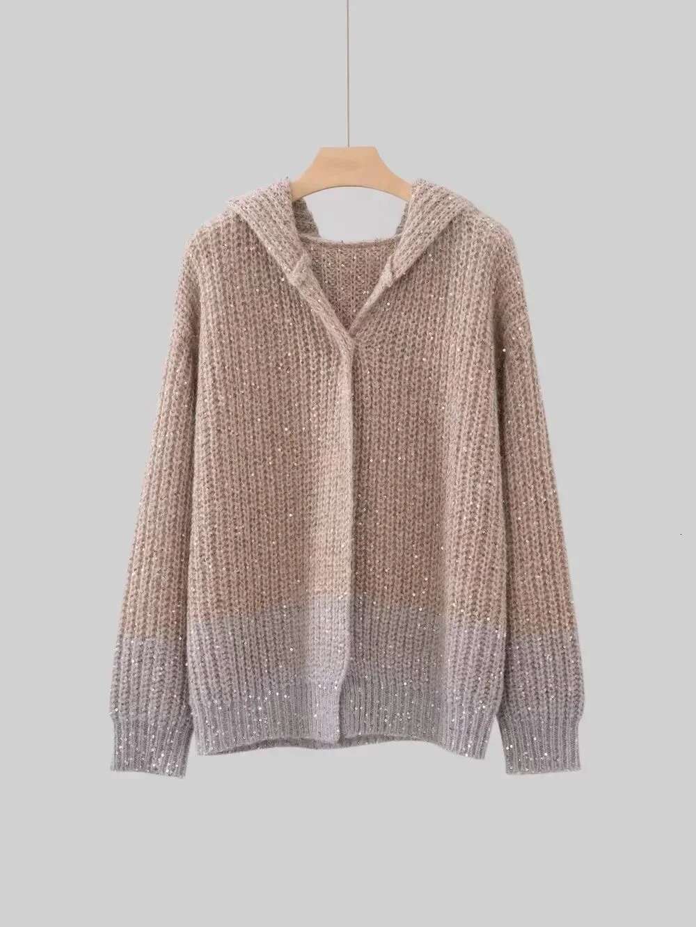Sequins Gradient Mohair Hooded Long Sleeve Loose Coat Women Sweater Mujer Knitted Cardigan Feminino