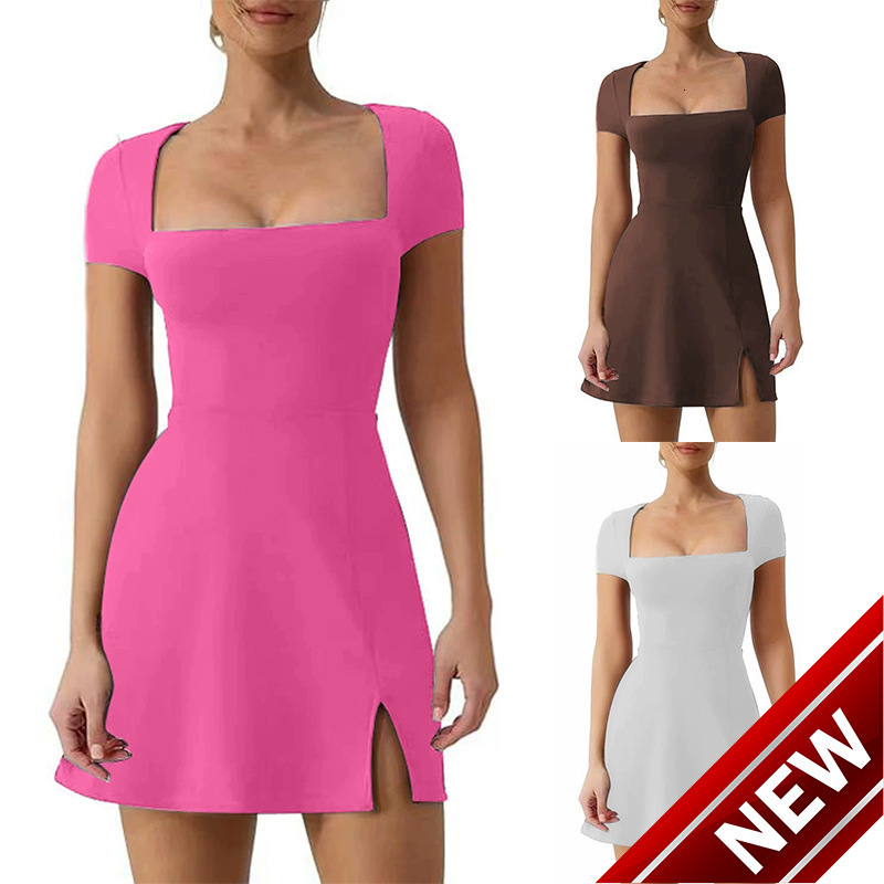 2024 New Split A-line Skirt Solid Color U-neckline Sweetheart Elastic Dress