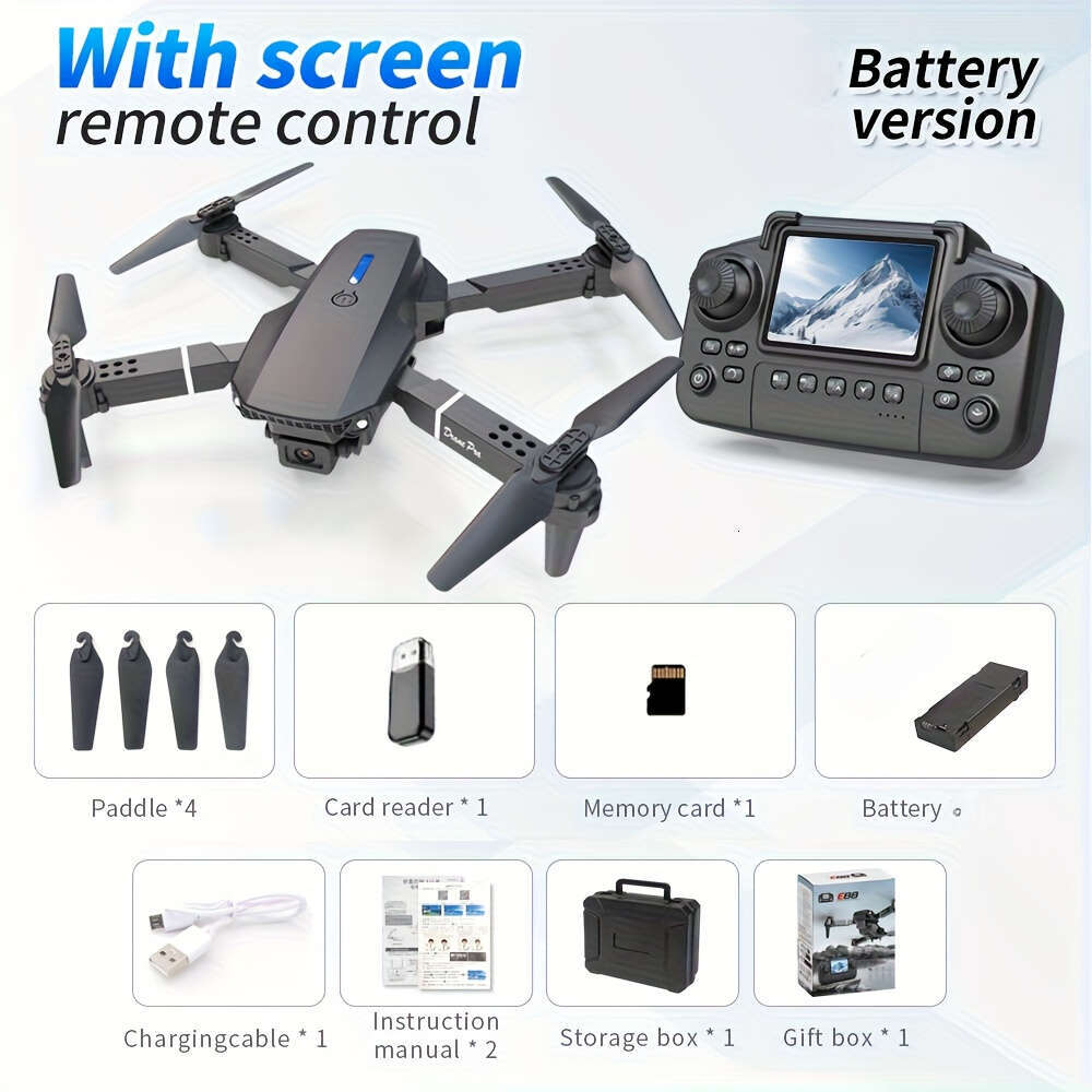 E88 Drone With Screen Remote Control Two Batteries, Dual Cameras, Optical Flow Hover, One Click Takeoff And Landing, 360 ° Stunt Scrolling. Four Axis 