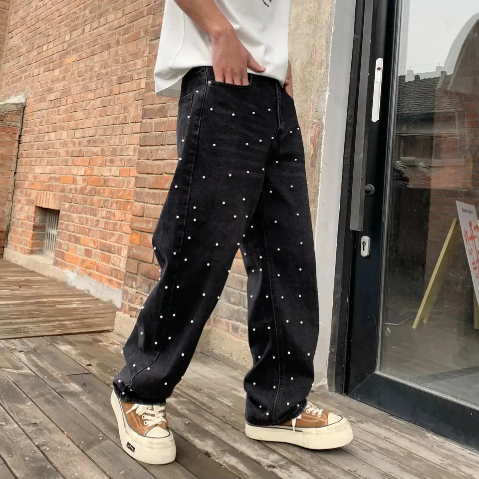 Pearl black wide jeans mens streetwear mid lift pants mens Y2K Trousers 250402