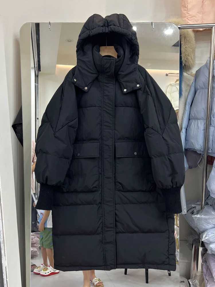 Winter Loose Warm Hooded Long Down Jacket Women White Duck Down Knee Length Down Jackets Female Big Pocket Thick Parker Outwears J251104