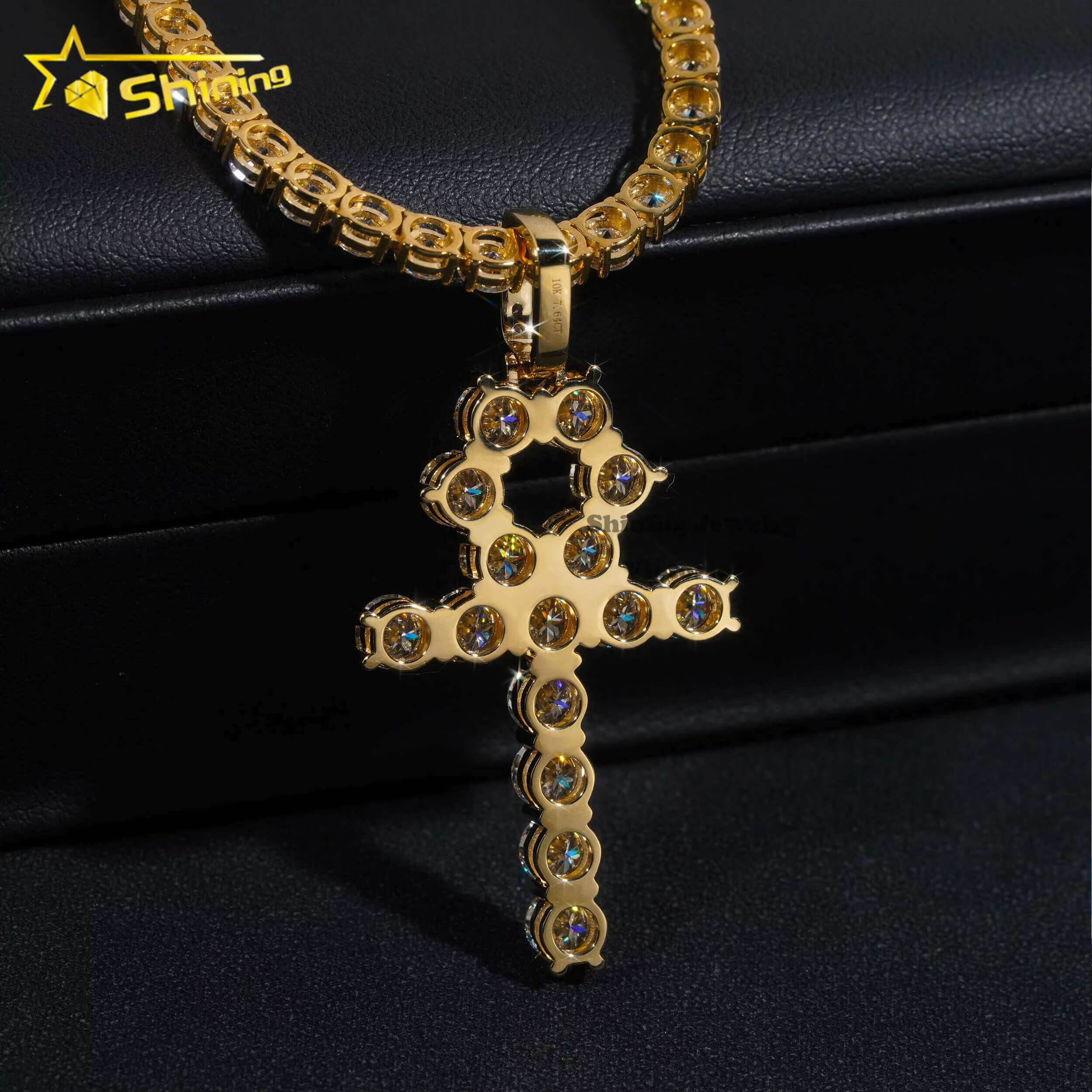 Custom Top Quality Certified Tennis Chain Diamond Hip Hop Solid Gold Jewelry 10k 14k 18k Real Gold Vvs Moissanite Cross Pendant