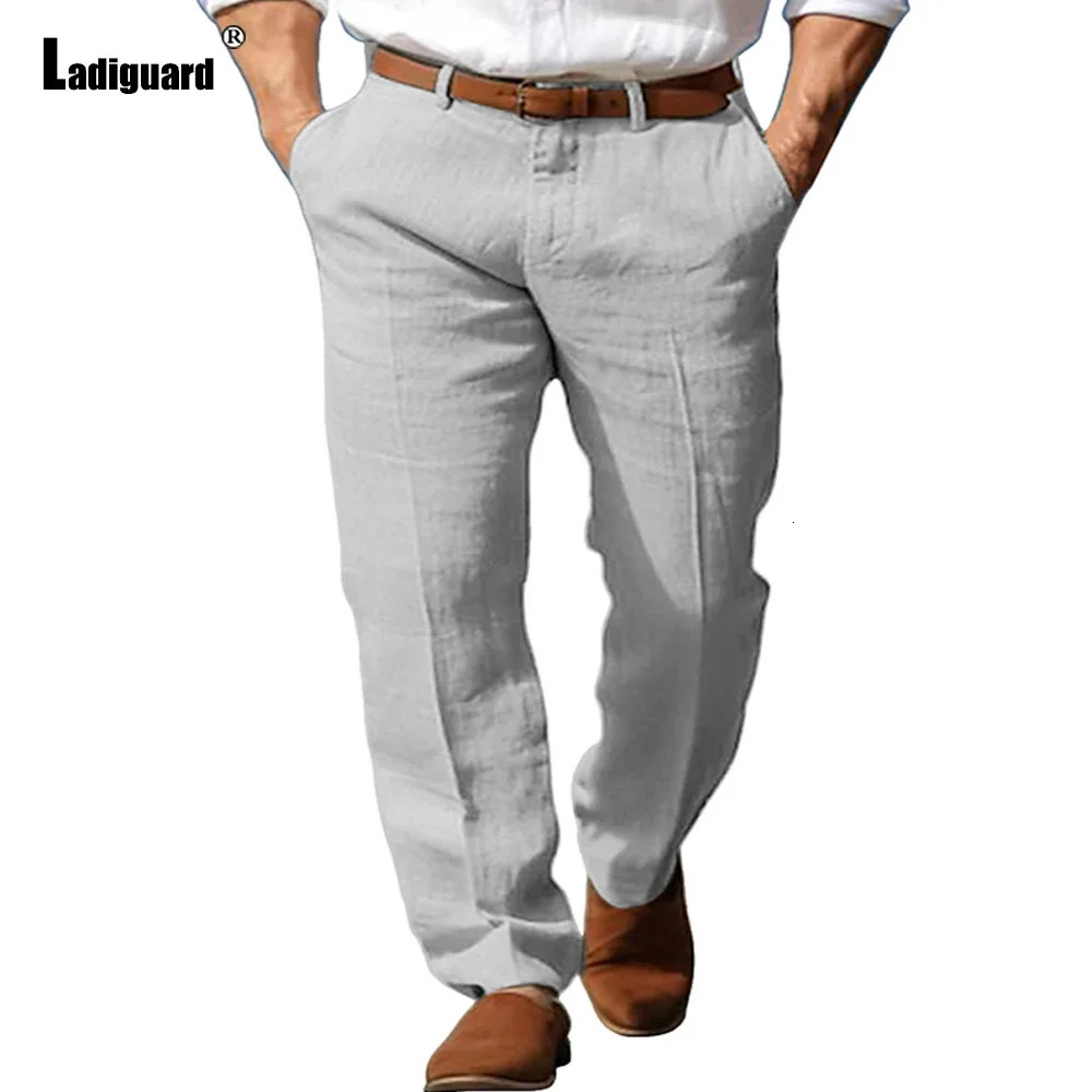 Mens Stand Pockets Cotton Linen Pants Solid Light Gray Ankle-Length Trouser Plus Size Mens Casual Beach Straight pants 250402