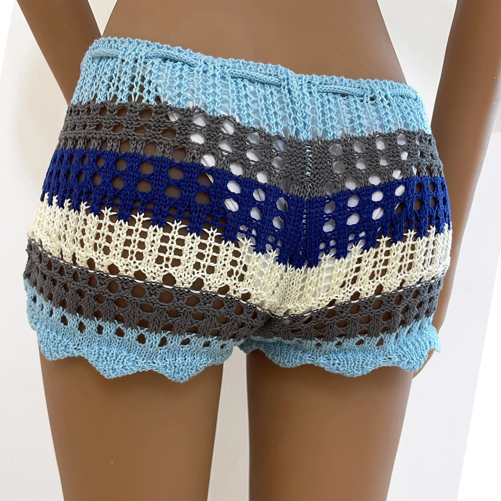Womens crochet hollow Sarongs contrasting stripes See Through knitted beach shorts summer bikini bottom covered swimming rod 250401
