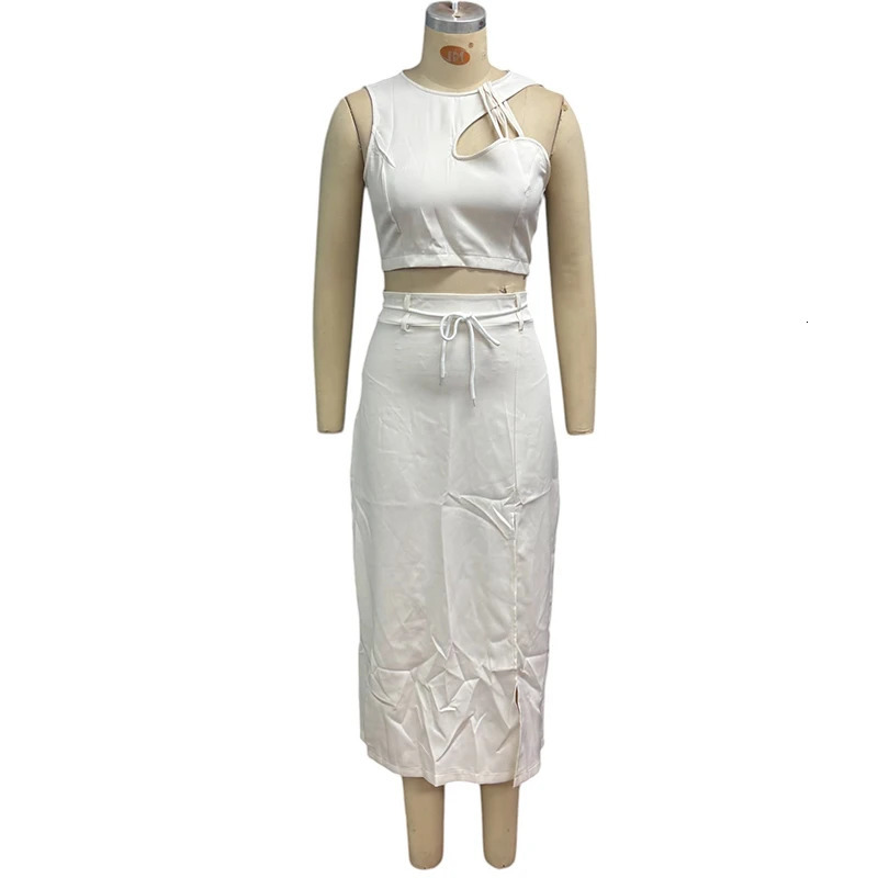 Wefads Two Piece Set Summer Elegant Hollow Out Irregular Solid Sleeveless High Waist Top A Line Slit Midi Skirts Sets Streetwear 250403