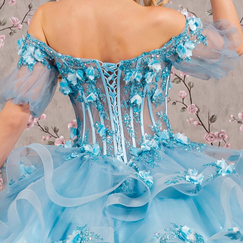 Sky Blue Shiny Princess Quinceanera Dresses Sequin Appliqued Flower Beading Crystal Tull Sweet 16 Dress Ball Gown Vestidos 15 Anos