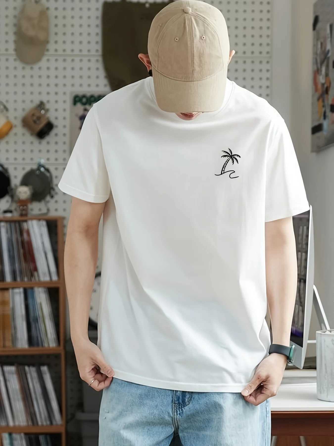 Summer mens 100% pure polyester sports casual loose fit plus size coconut tree pattern printed round neck short sleeved T-shirt W250403