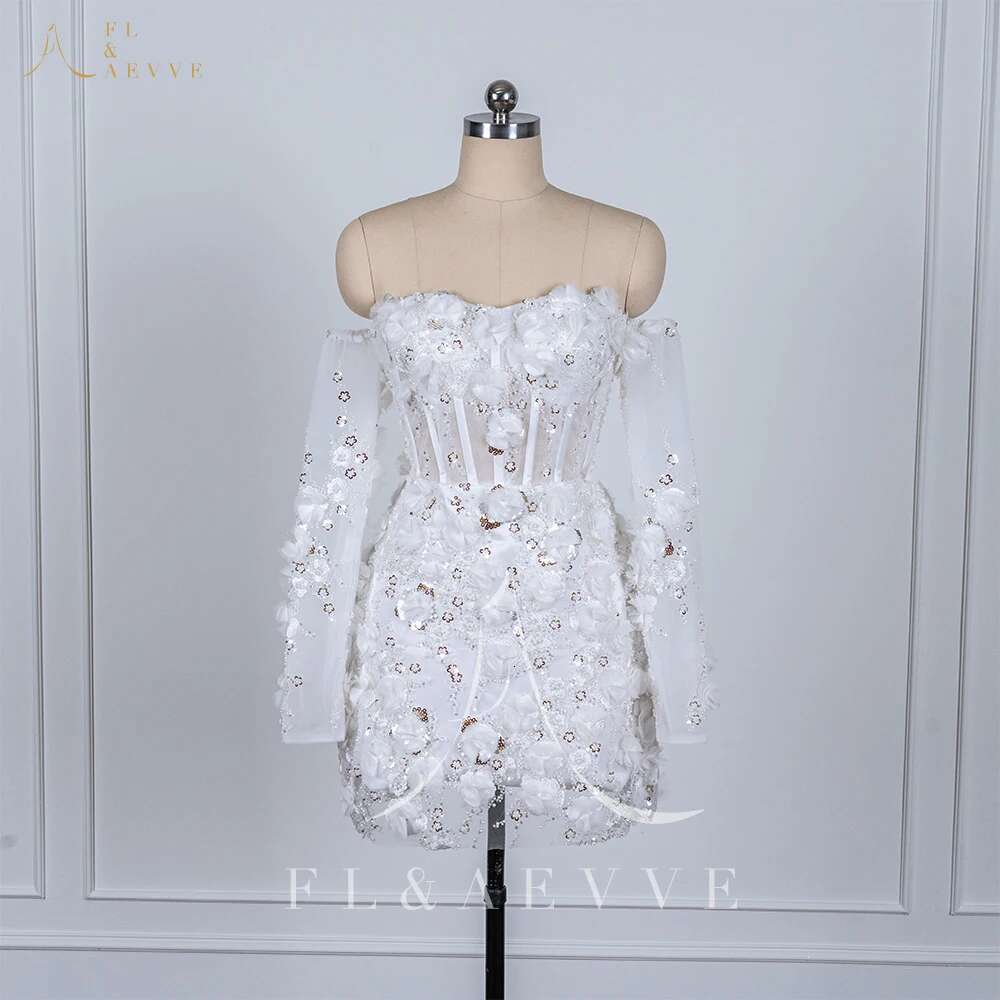 Beaded Short Wedding Dresses Saudi Arabia Lace Ral Appliques Long Sleeves Bridal Gown Mini Prom Party Dress Customized