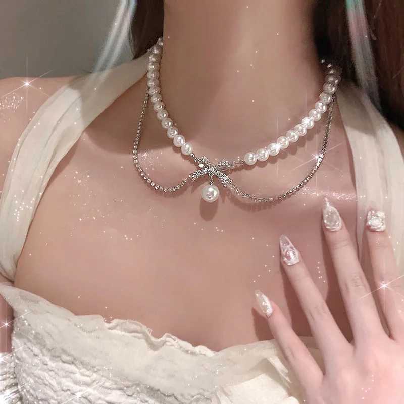 Kpop Irregular Bow Chain Necklaces Y2K Zircon Crystal Beads Tassel Necklace Aesthetic Double Chain Choker Necklaces Jewelry GiftXJ251104