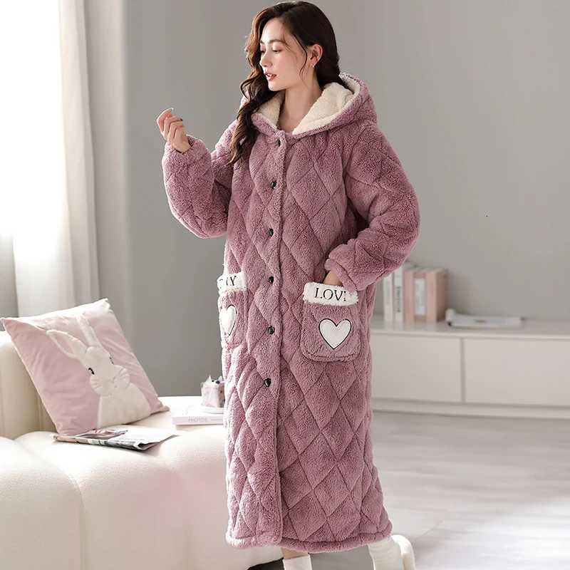 High Quty Robe Thick Warm Women Flannel Robe Winter Nightgowns Comfortable Soft 3 Layer Cotton Bathrobe With Hooded C251104