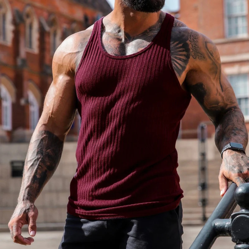 Summer Mens Vest Knitted Vertical Stripes Fitness Sports Leisure Slim Vest I-Shaped Sleeveless Top 250402
