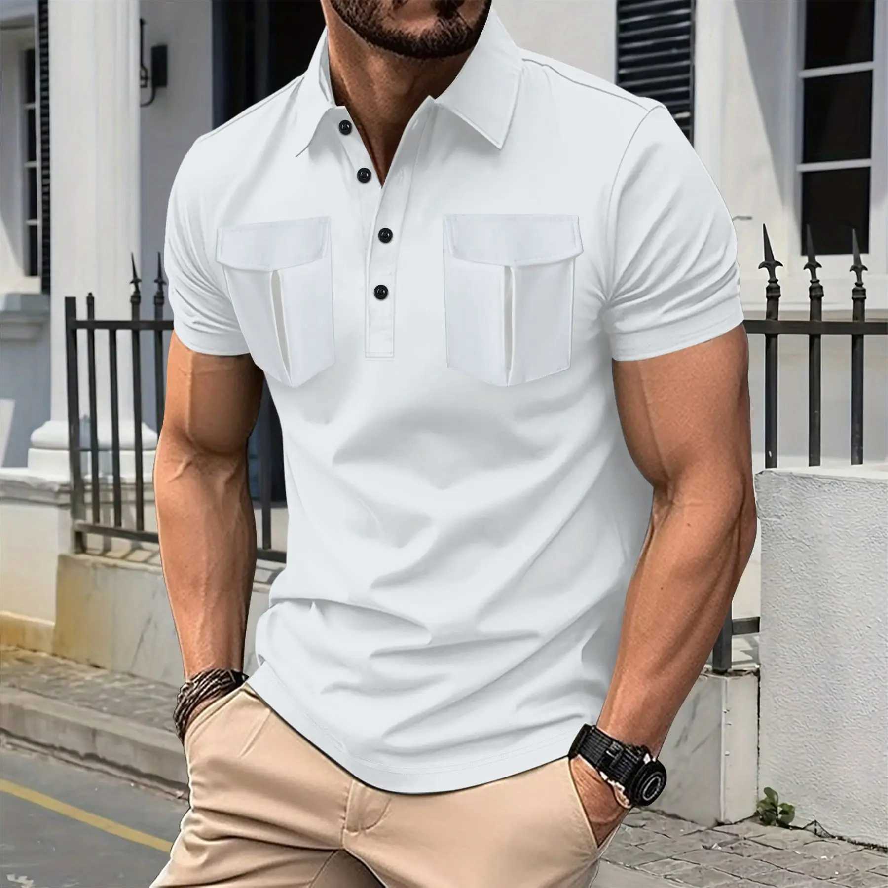 Summer Mens Personalized Solid Color Polo Shirt Short Sleeve Double Pocket Collar Button T-shirt Casual Street Jacket W250403