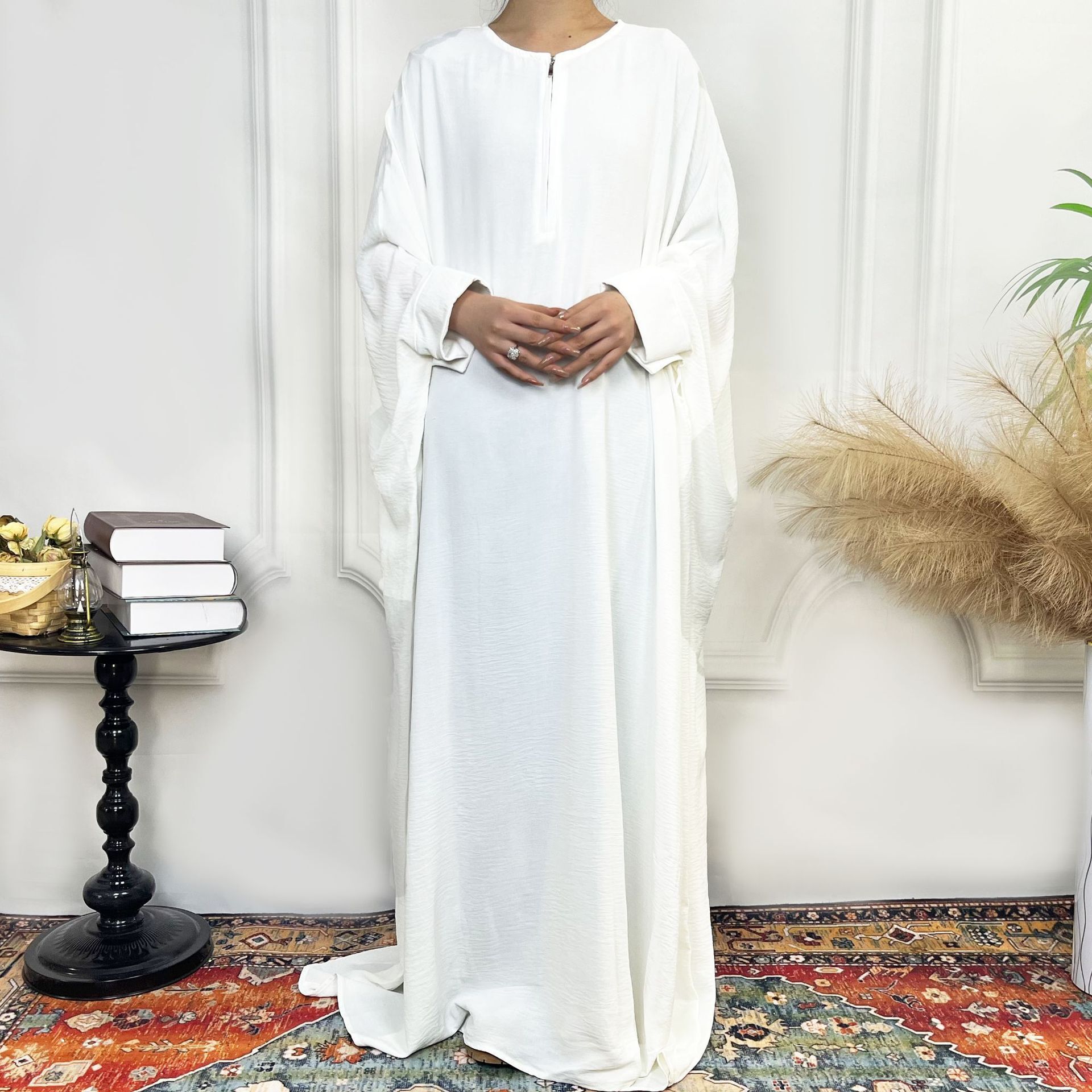 Fashion Solid Color Bat Sleeve Robe Zipper Adhesive Button Integrated Women's Dress Abaya Maxi Dresses Islamic Clothing