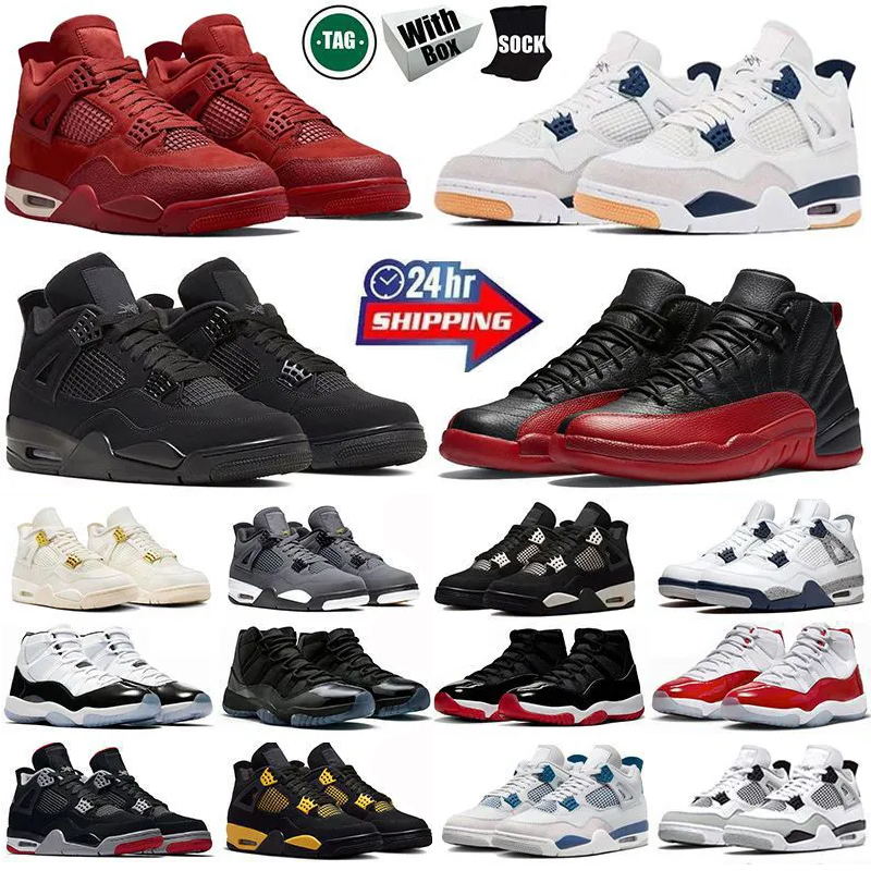 Designer 4s Basketball Shoes by brick Black Cat grey 11s flu game 12s Blueberry white thunder cement Bred Gym Red green UNC Men Women Trainers sports shoes