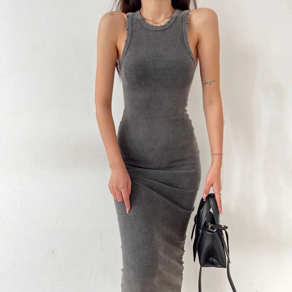 2024 New Solid Basic Vintage Slveless Ribbed Bodycon Womens Summer Knit Dress Casual Sexy Slim Hip-cover Midi Dress For Women X2504031