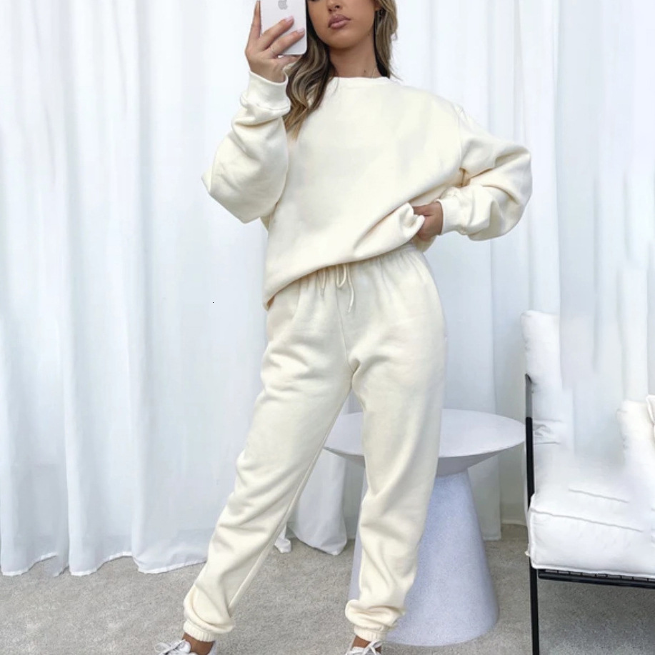 European and American autumn and winter solid color round neck pullover pants for womens fashion casual long sleeved hoodie set 240807