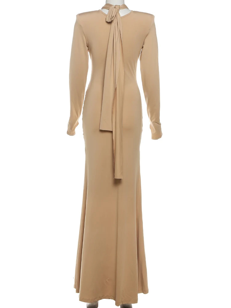 Nibber Hipster Christmas Maxi Dress Women Elegant Y2K Long Sleeve Shoulder Padded Bandage Ribbon Sexy Skinny Stretch Vestidos 251030