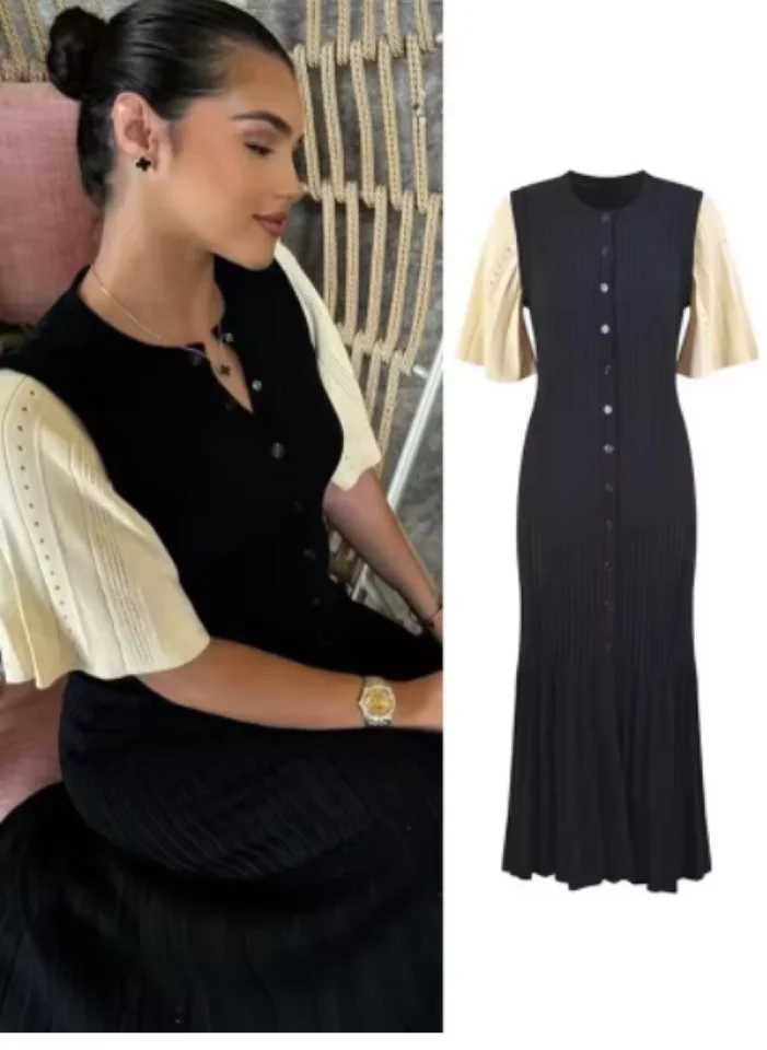 Elegant Knitted Single Breasted Midi Dress Womens Fashion Patchwork Curvy Dresses Female Casual 2025 Spring Summer Apricot New X250403