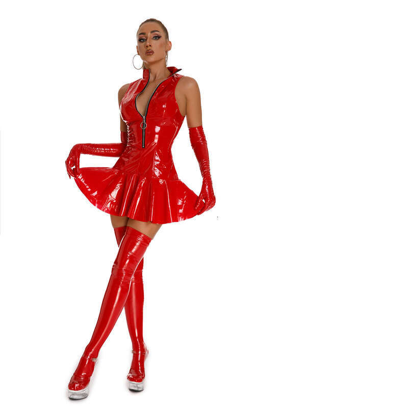 Lace Lingerie Women Sexy Gloy Leather Slip Lady Erotic Shaping Pleated Short Dre Zipper Porn Breat Expoing Latex Mini