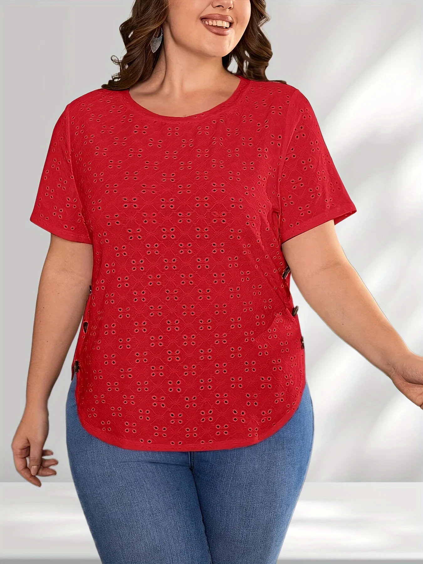 Fashion womens plus size 1XL5XL hollow short sleeved Tshirt casual loose button detail curve hem round neck 250401