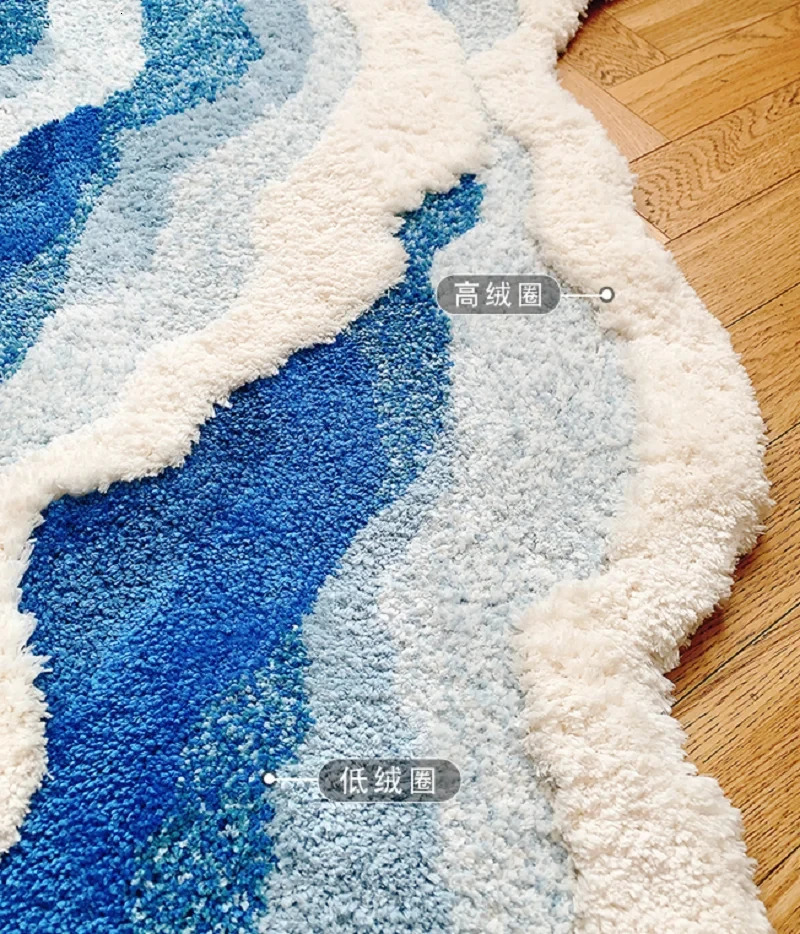 Blue Sea Pattern Tufted Rug Flocking Carpet Aesthetic Home Pad Funny Japanese Style Tufting Rug Cute Floor Pad Anti Slip Doormat 250403