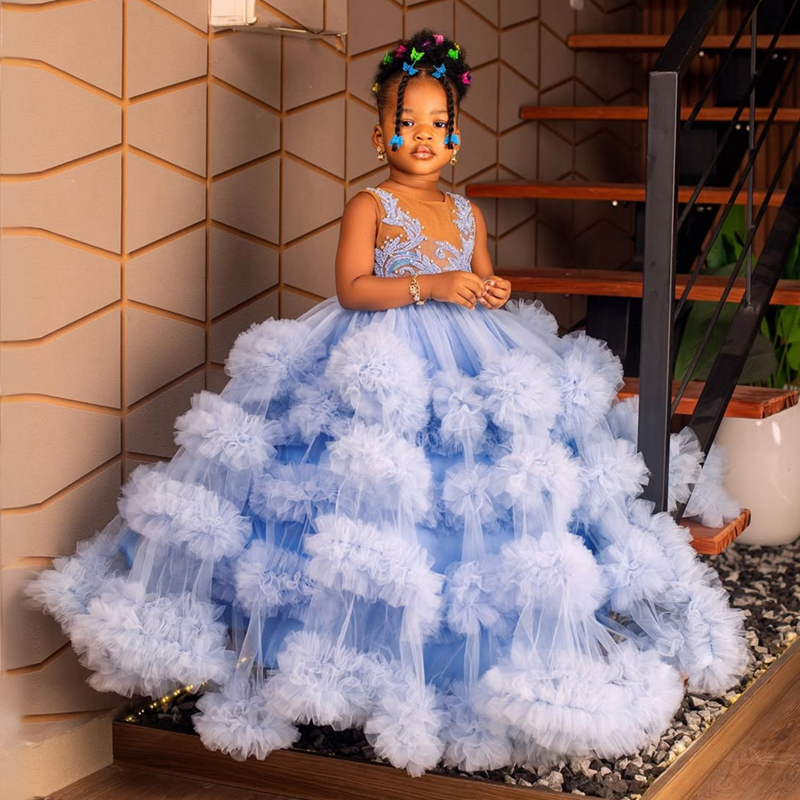 2025 Aso Ebi Blue Flower Girl Dresses Children Birthday Dress Illusion Feather Sheer Neck Appliqued Lace Tiered Tulle Princess Queen Ball Gown For Mar