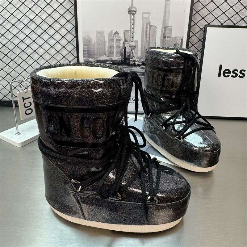 2025 Winter Durable New Waterproof Starry Sky Moon Snow For Women Mid-High Lace-Up Non-Slip Warm Ski Boots