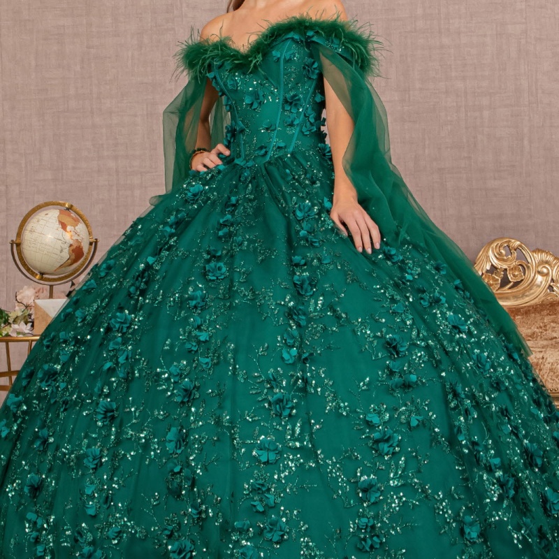 Blackish Green Shiny Princess Quinceanera Dresses Sequin Appliqued Flower Beads With Cape Tull Sweet 16 Dress Ball Gown Vestidos 15 Anos