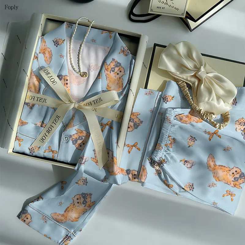Designer Cartoon Cat Print Women Pajamas Two-piece Spring and Autumn Faux Silk Satin Pyjamas Ladies Pijama Sleepwear Women Loungewear Y251104