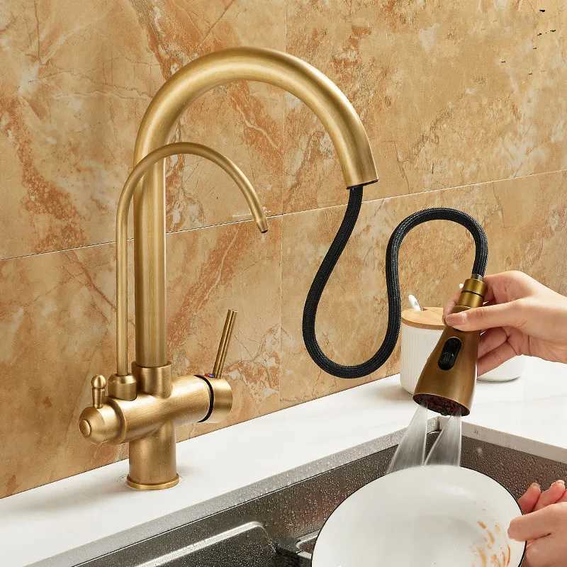 Antique Pl Out Kitchen Faucet Solid Brass Crane Kitchen Deck Mounted Water Filter Tap Sink Faucet Mixer 3 Way Kitchen Faucet Y251104