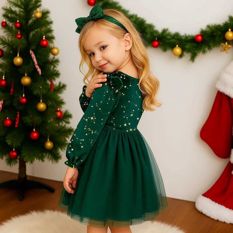 Girl Dress Autumn Winter Velvet Long Sleeved Mesh Bow Princess Dress Childrens New Year Children Party Festive Dress For Girl C251104