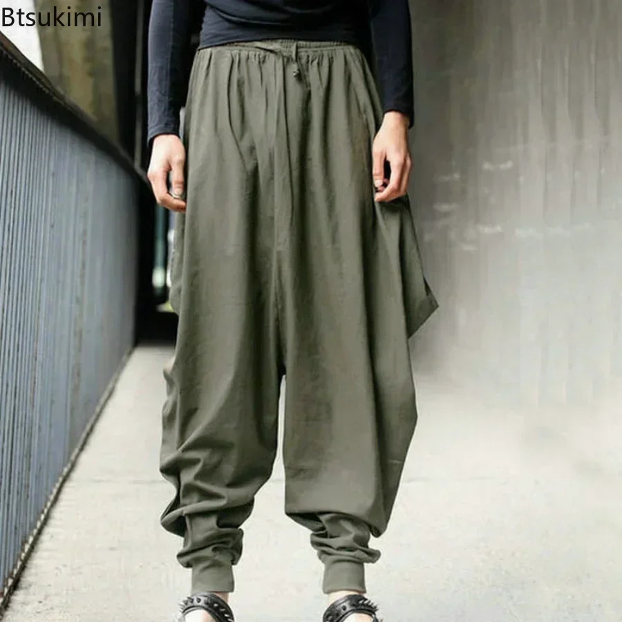2025 Mens Cotton Linen Harem Pants Baggy Japanese Joggers Male Hip hop Crotch Wide Leg Pants Casual Loose Trousers Plus Size 250402