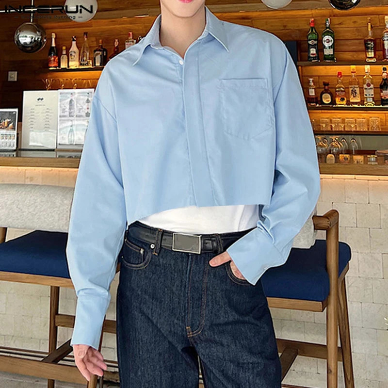INCERUN Tops Korean Fashion Mens Solid Simple Shirt Summer Casual Street Mens Long Sleeve Shirt 250403