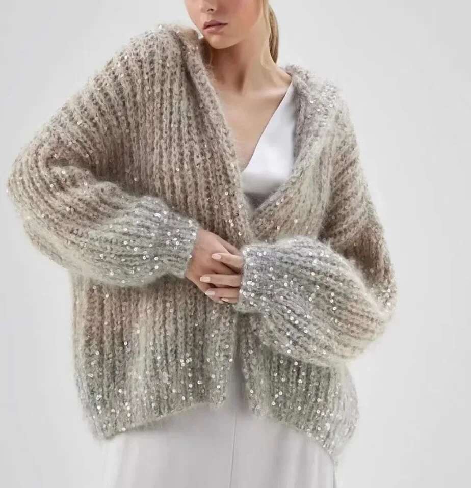 Sequins Gradient Mohair Hooded Long Sleeve Loose Coat Women Sweater Mujer Knitted Cardigan Feminino
