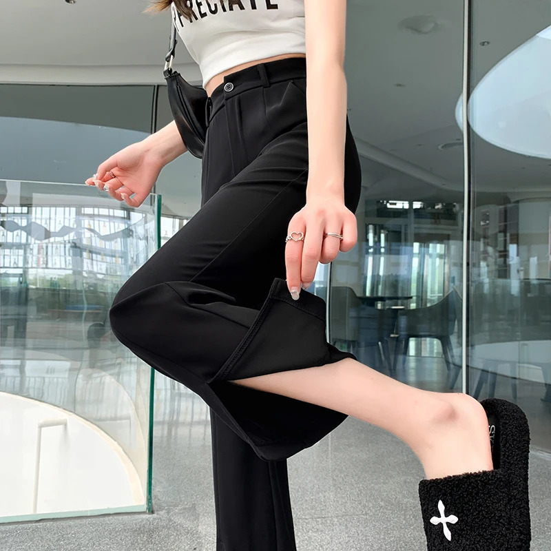 Split Slightly Flared Suit Pants For Women in Summer ice Silk Solid Color With Pockets Thin n High Waist 250403