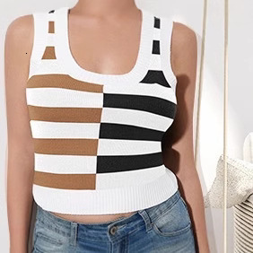 2025 Women's Sexy Tank Top Striped Color blocked New Ice Cool Silk Knitted Shirt Summer Short Sleeve