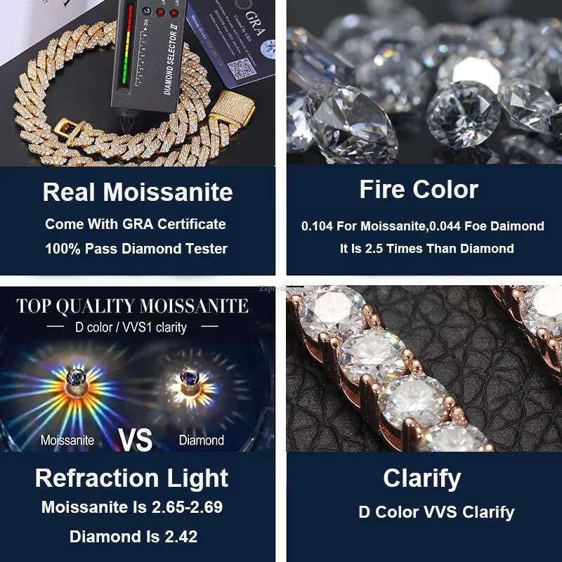 Pass Dia Test Hip Hop Jewelry Vvs Stone Shiny 2row 3row 4row Men Sterg Sier Necklace Moissanite Cuban k Chain
