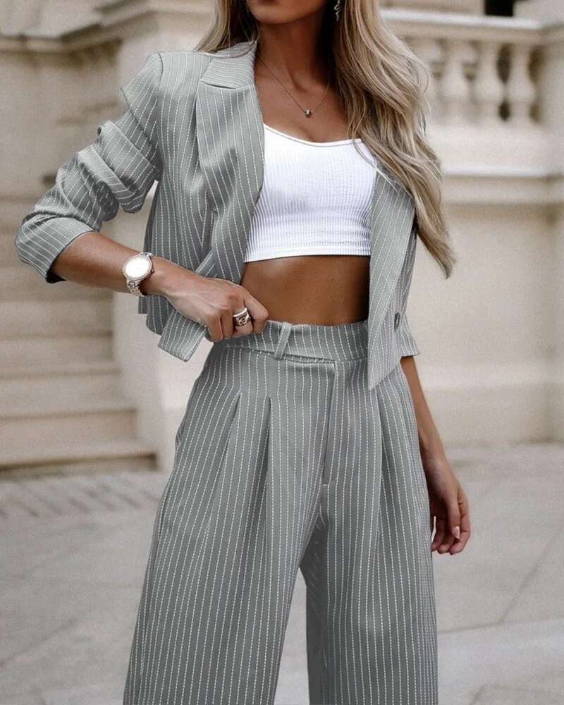 Casual Striped Short Lapel And Straight Pants Suit Conjuntos Femininos Elegantes Women's Pantsuit New Matching Sets