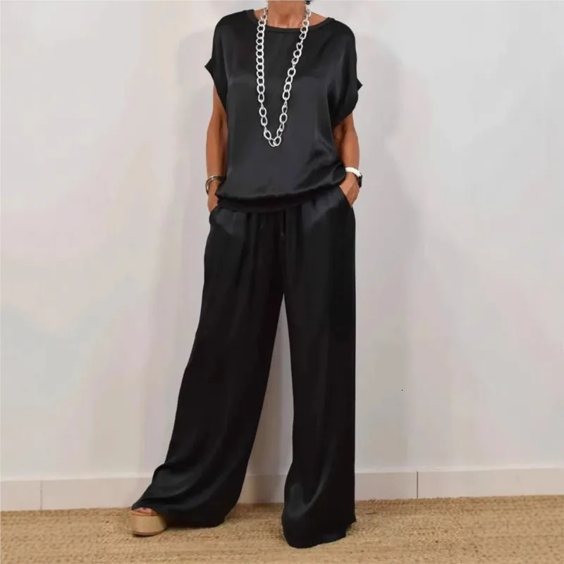 2025 Spring Satin Oversize Women Suit Black V-neck Tops Long Pants Loose Suits Female Summer Casual Trendy Ladies Clothes Sets250403