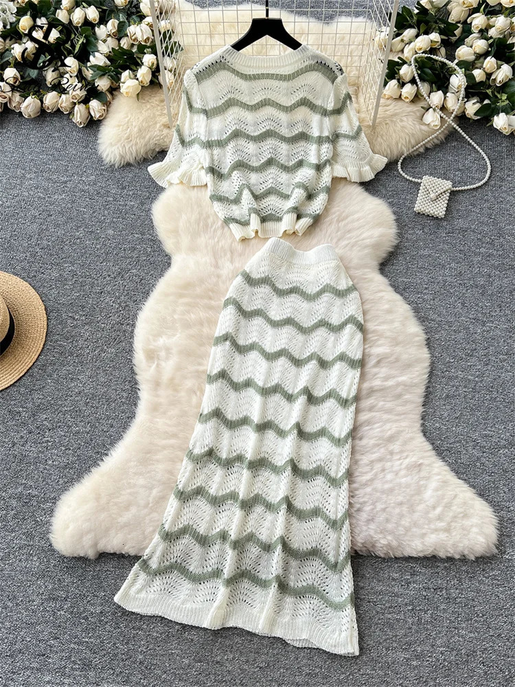 SINGREINY Summer Beach Knitted Suits Loose Basic TopsHigh Waist Long Skirt Hollow Out Striped Korean Female Two Pieces Sets 250403