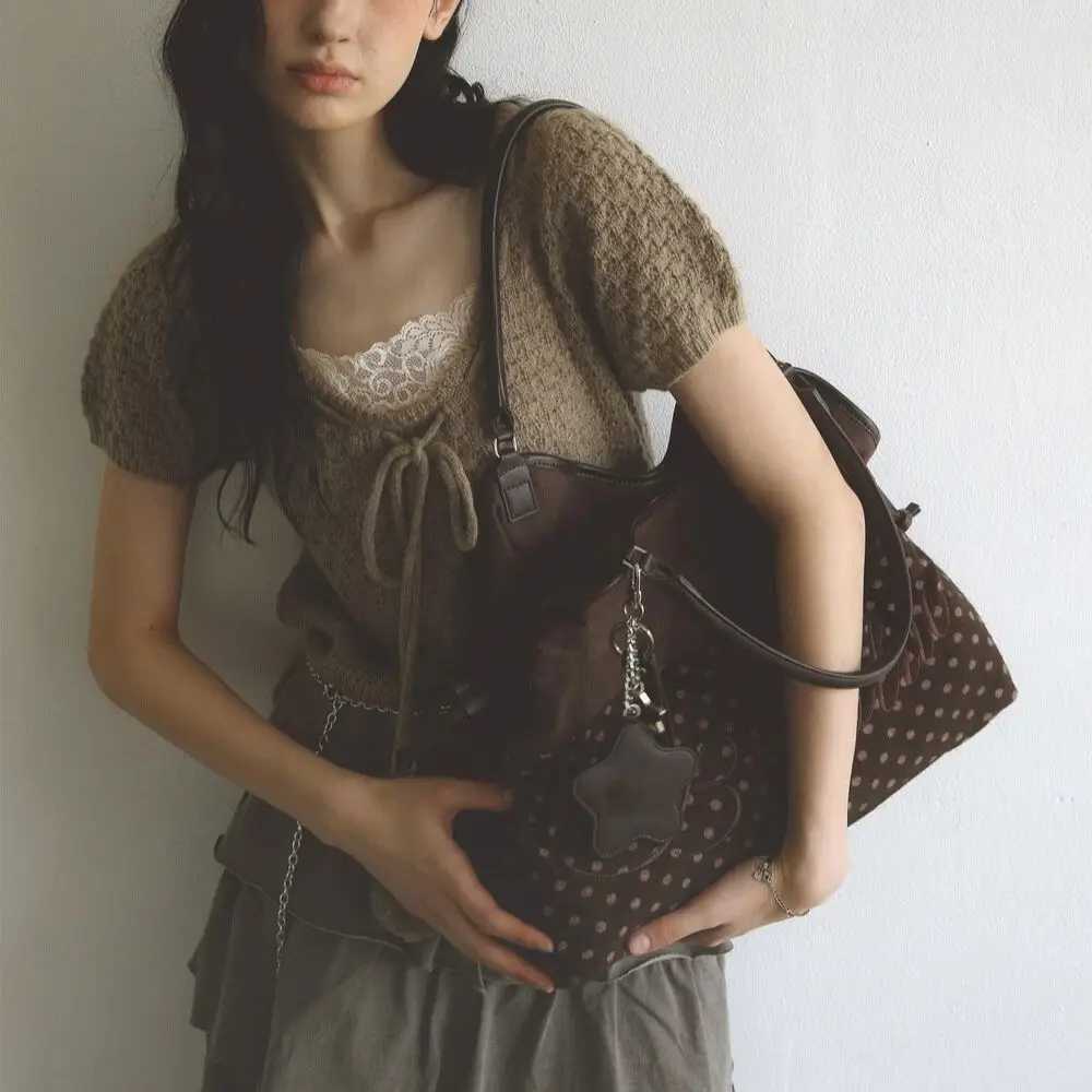 Mori Dimsum Bag Fashion Y2K New Handbag for Women Polka Dot Shoulder Bag with Top Handle Cute Brown Tote Bag for Ladies X251104